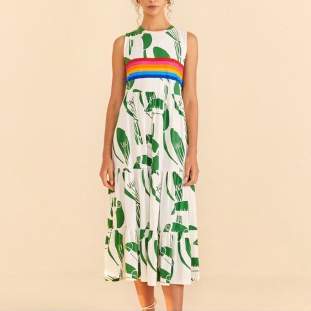 Farm Rio Rainbow Toucans Organic Cotton Crew Neck Midi
Dress